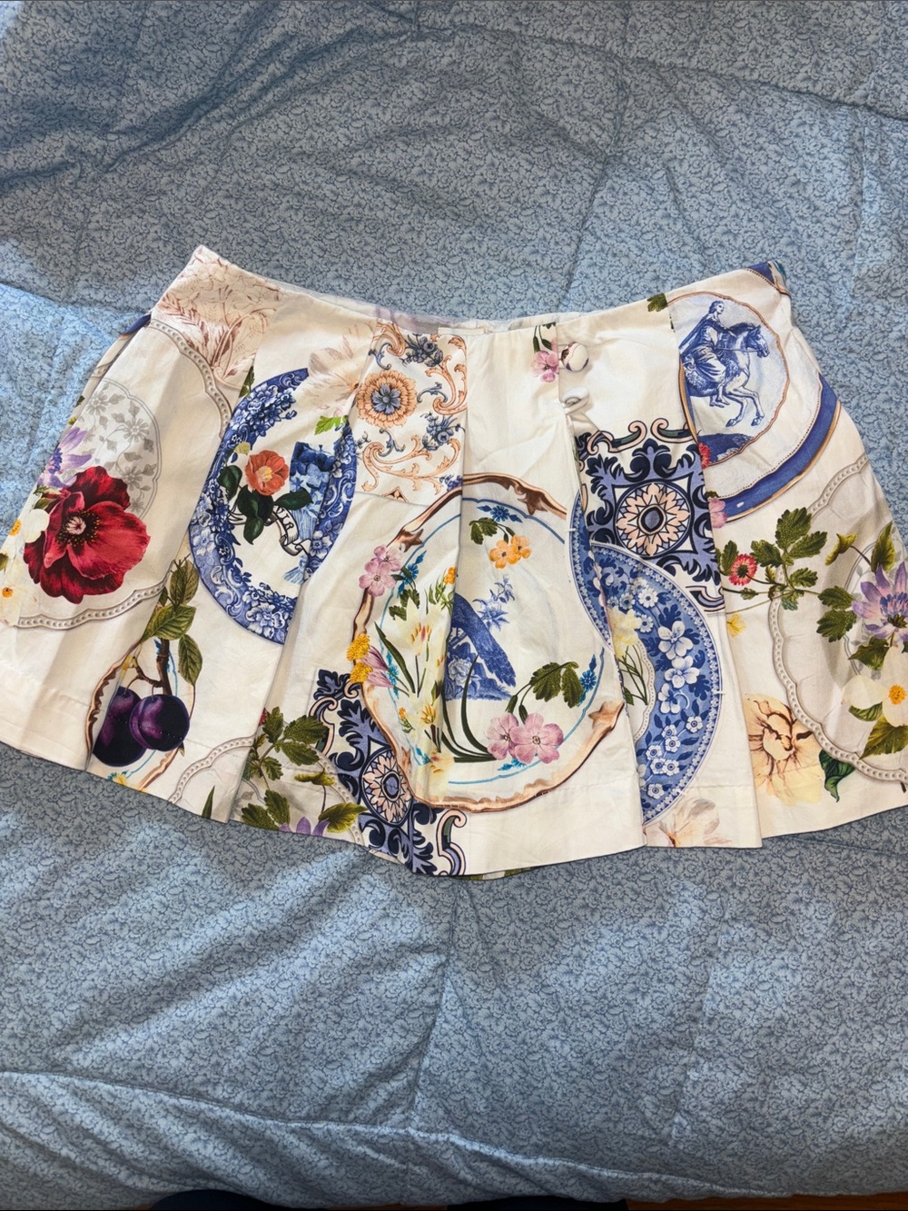 Anthropologie Maeve Skort Skirt with Blue Medallion & Floral Plate Print